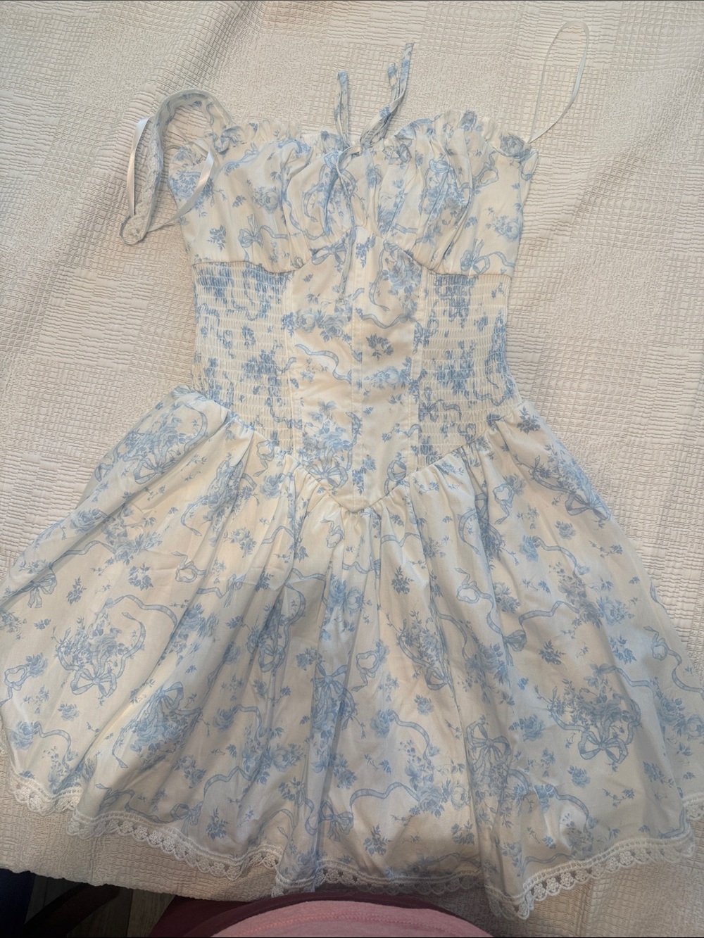 Light Blue Toile-Print Tie-Strap Girls' Casual Dress